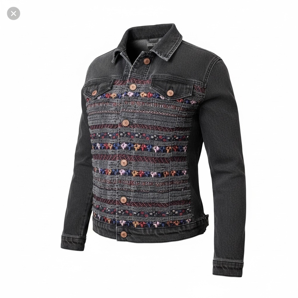 Top Shop Moto Black Size 6 Denim Jacket Embroidered Detailed Unique Style Boho